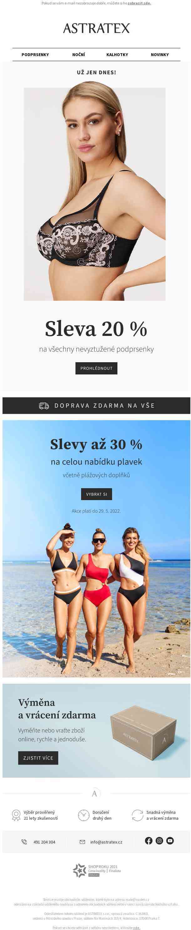 Doprava zdarma a poslední hodiny s 20% slevou na nevyztužené podprsenky.