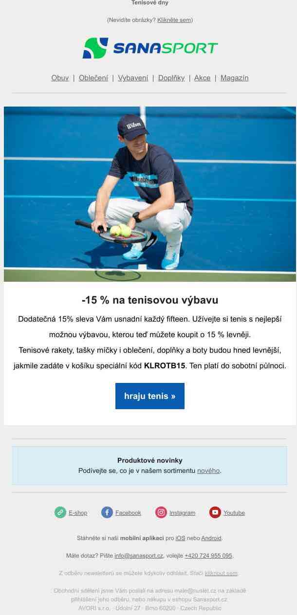-15 % na veškeré tenisové vybavení