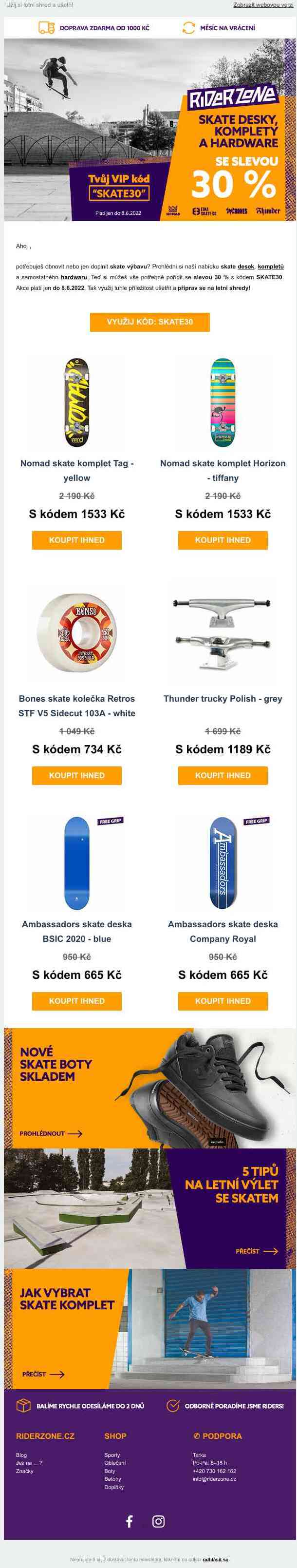 30 % sleva na skate desky, hardware a komplety!