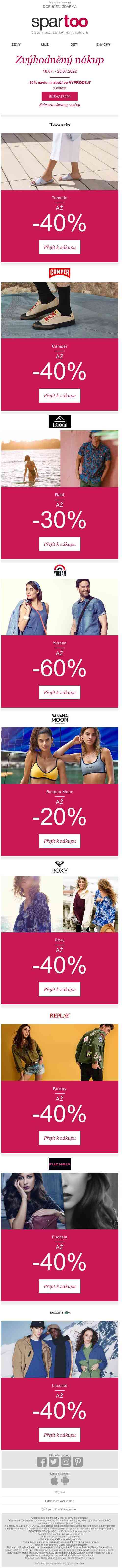 Využijte -60% a -10% navíc na Tamaris, Camper, Reef, Yurban, Banana Moon, Roxy, Replay, Fuchsia a Lacoste: Extra akce s doručení zdarma!