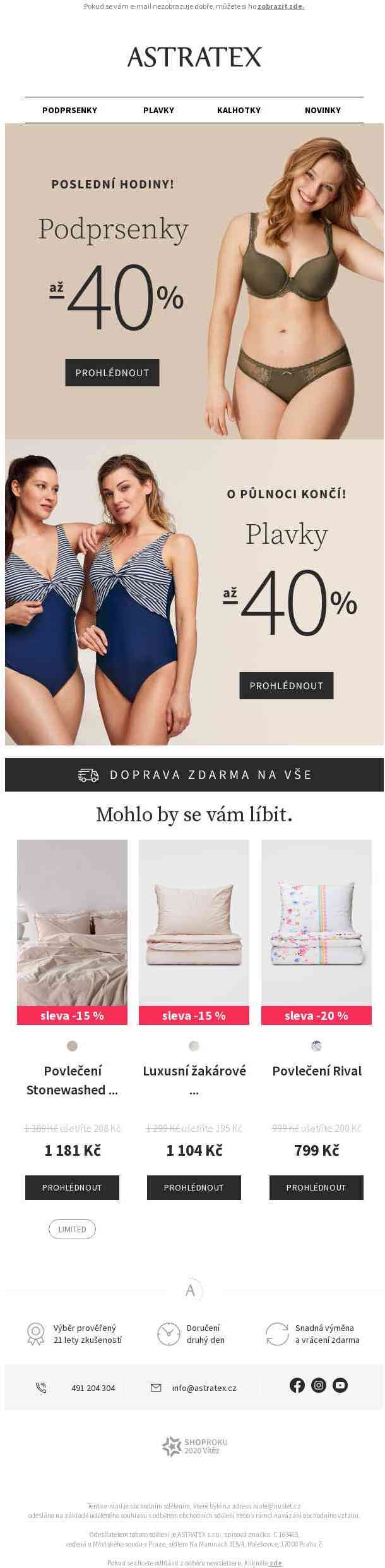 Už jen do půlnoci! Doprava zdarma a podprsenky a plavky až o 40 % levnější.