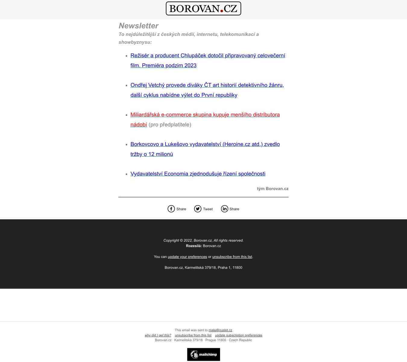 Režisér Chlupáček dotočil celovečerní film - Ondřej Vetchý provede diváky ČT art dějinami detektivky - E-commerce skupina kupuje distributora nádobí