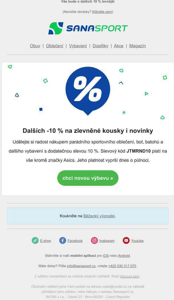 Dodatečná sleva 10 % na novou sportovní výbavu