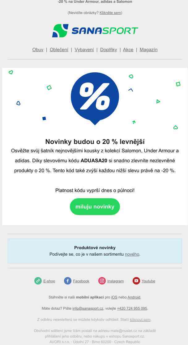 20% sleva na novinky od adidas, Salomon a UA