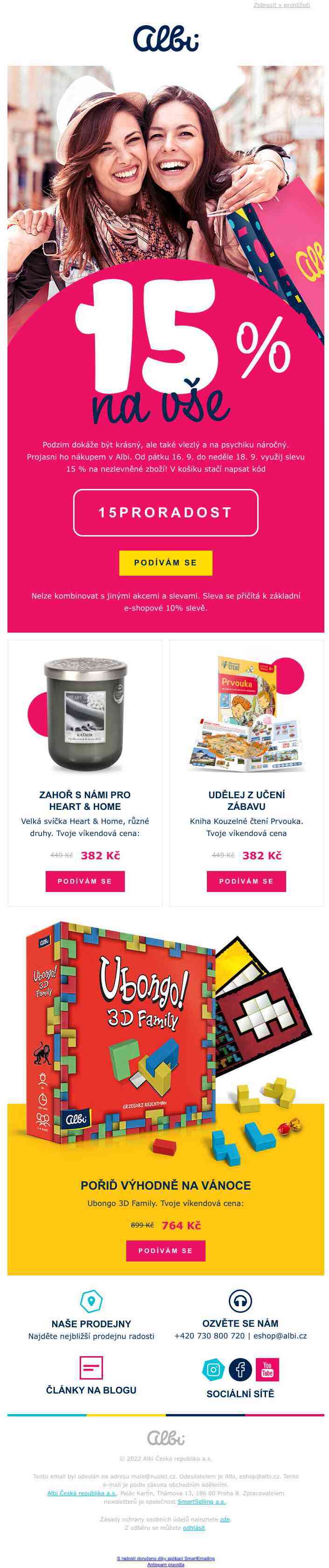 Nepropásni 15% slevu na vše! Jen do neděle 18. 9.