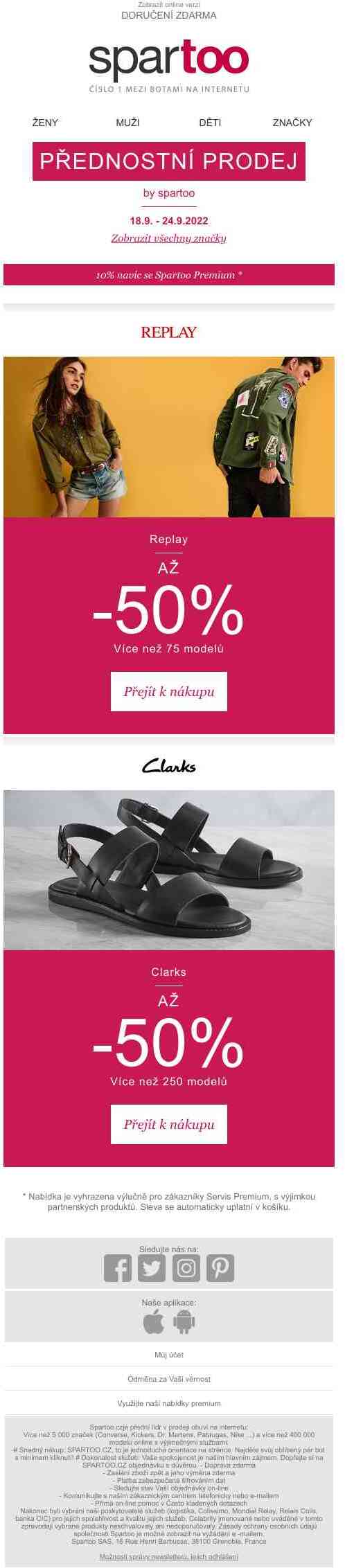 Pouze tento týden! Sleva až -50% na Clarks a Replay s doručením zdarma