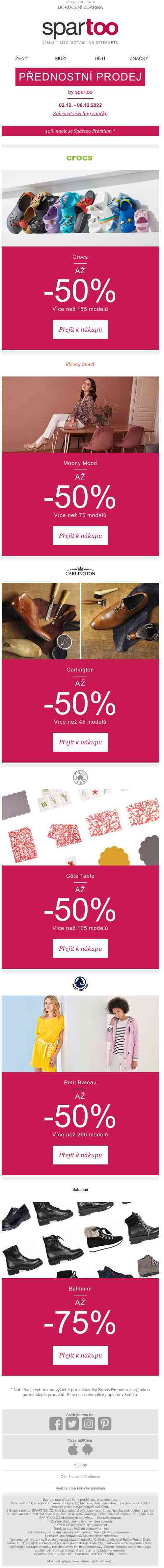 Využijte této akce: až -50% na Crocs, Carlington, Côté Table, Moony Mood, Petit Bateau a Baldinini s doručením zdarma