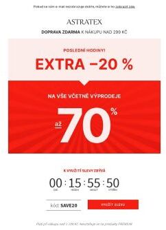 Extra 20% sleva na vše ➕ až 70% slevy výprodeje