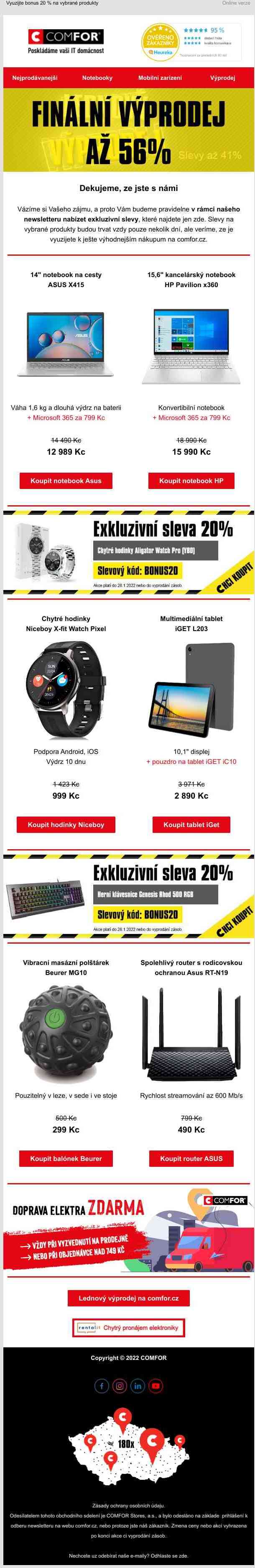 Využijte exkluzivní 20% slevu na vybrané elektro. Časově omezená sleva jen pro odběratele newsletteru comfor.cz