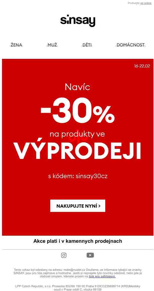 Navíc -30 % na produkty ve VÝPRODEJI! 🥳