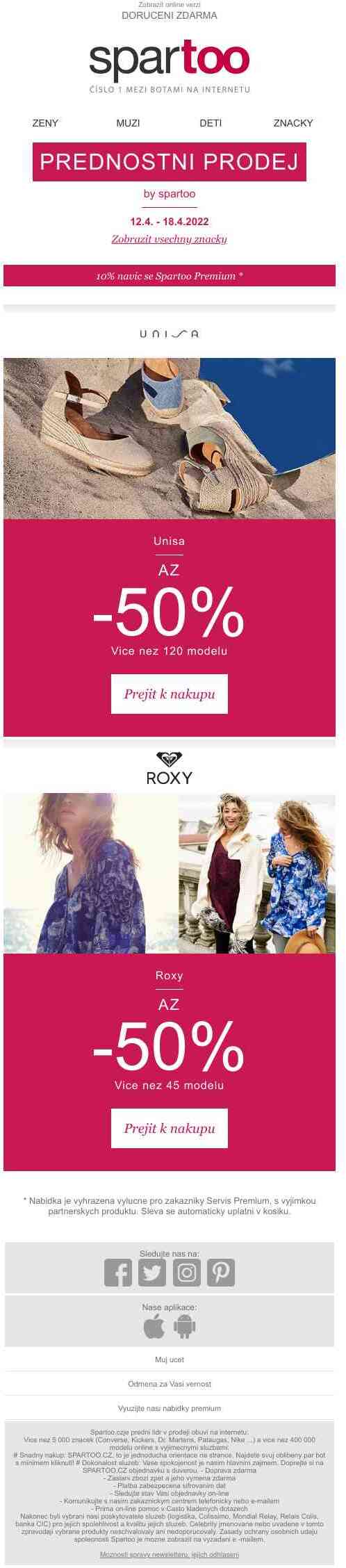 Udělejte si radost na Spartoo, slevy až -50% na Unisa a Roxy s doručením zdarma