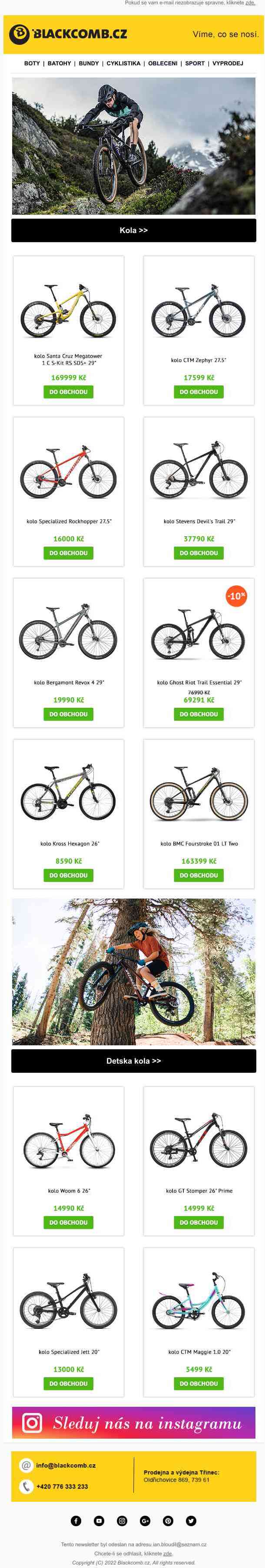 Stále široká nabídka kol - Kross, Specialized, Woom, CTM a další.