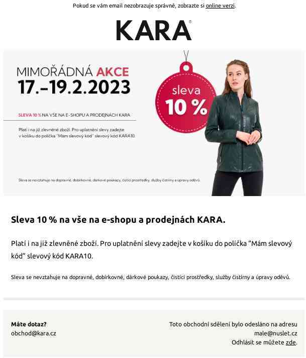 Sleva 10 % na vše na e-shopu a prodejnách KARA.