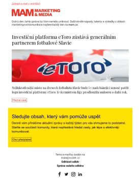 MAM aktualita - Investiční platforma eToro zůstává generálním partnerem fotbalové Slavie