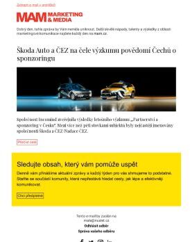 MAM aktualita - Škoda Auto a ČEZ na čele výzkumu povědomí Čechů o sponzoringu