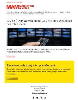 MAM aktualita - WARC: Útraty za reklamu na CTV rostou, ale pomaleji než retail media