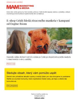 MAM aktualita - E-shop Grizly hledá ztraceného maskota v kampani od Engine Room