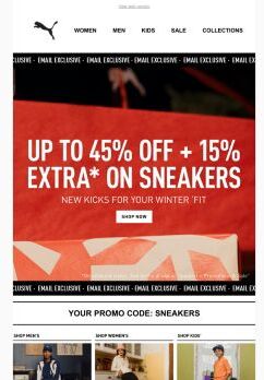 Email Exclusive: Up to 45% OFF + 15%* On Sneakers