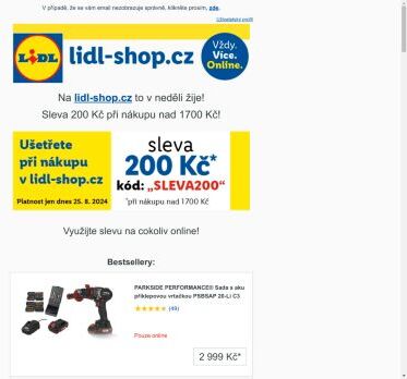 lidl-shop.cz | Ušetřete 200 Kč při nákupu v lidl-shop.cz s kódem „Sleva200“.